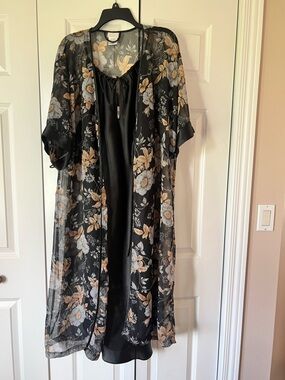 Secret Treasures Black Sheer Floral Kimono & black slip nightie